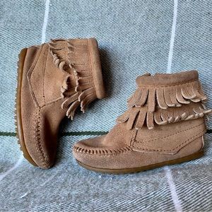 Minnetonka Brown Suede Double Fringe Zip-Up Moccasin Boot - Kids
